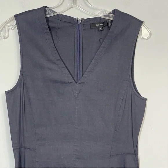 THEORY LINEN KALSINGTON FIT & FLARE DRESS 4 NAVY BLUE MIDI SLEEVELESS POCKETS - Picture 9 of 16
